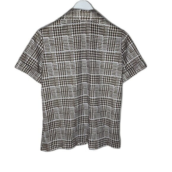 Vintage 70s Women's Brown Houndstooth Print Short Sleeve Polyester Blouse, Small - Picture 2 of 5